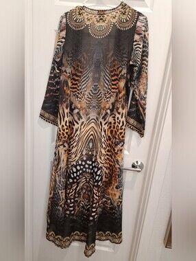 Long Animal Print Sheer Kimono Cover-Up in Brown